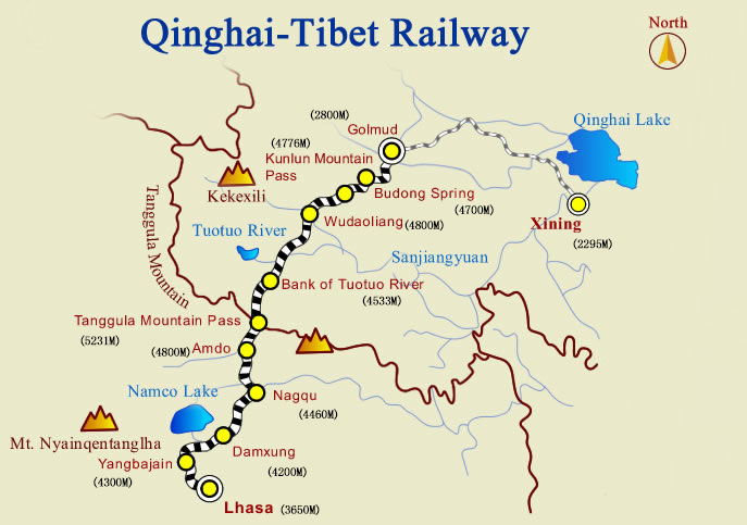 Xining to Lhasa Railway Map