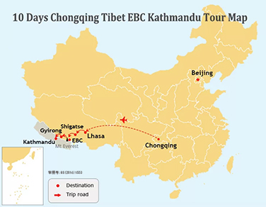 10 Days Classic Chongqing and Lhasa to EBC and Kathmandu Tour Map