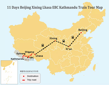 11 Days Beijing Lhasa Kathmandu Train Tour Map