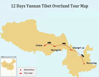 12 Days Yunnan to Tibet Overland Tour Map 
