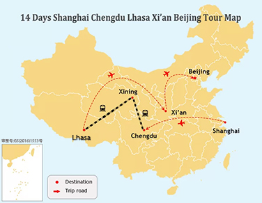 14 Days Shanghai Chengdu Lhasa Xi'an Beijing Tour Map