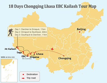 18 Days Classic Chongqing and Lhasa to EBC and Kailash and Manasarovar Tour Map