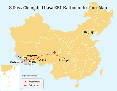 8 Days Chengdu Lhasa Kathmandu overland Tour Map