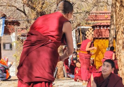 Traveler photo: Under thousand-year-old trees at Sera Monastery in Lhasa, red-robed monks explore Buddhist truths through traditional debate methods. (December 2025)