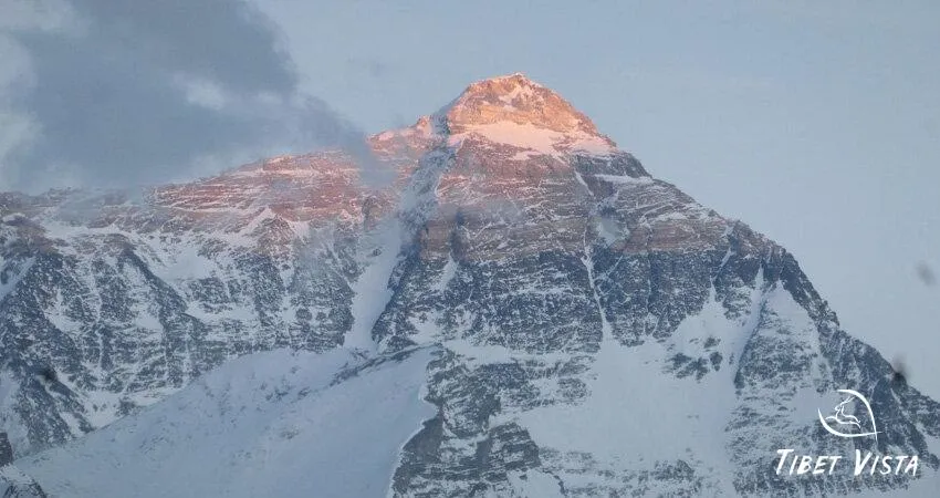 The unobstructed north face of Mount Everest at sunset